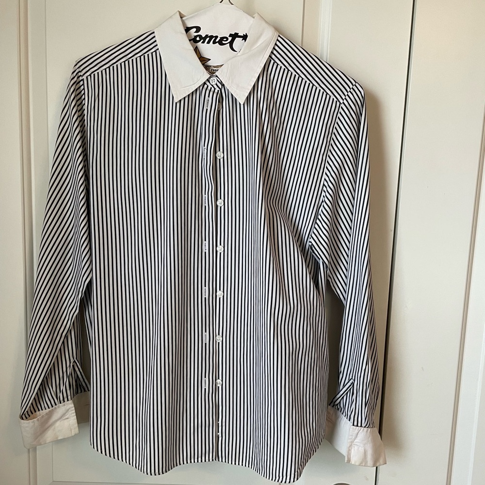 Talbots Shirt Womens 12 Black & White Striped Button Down Long Sleeve Blouse